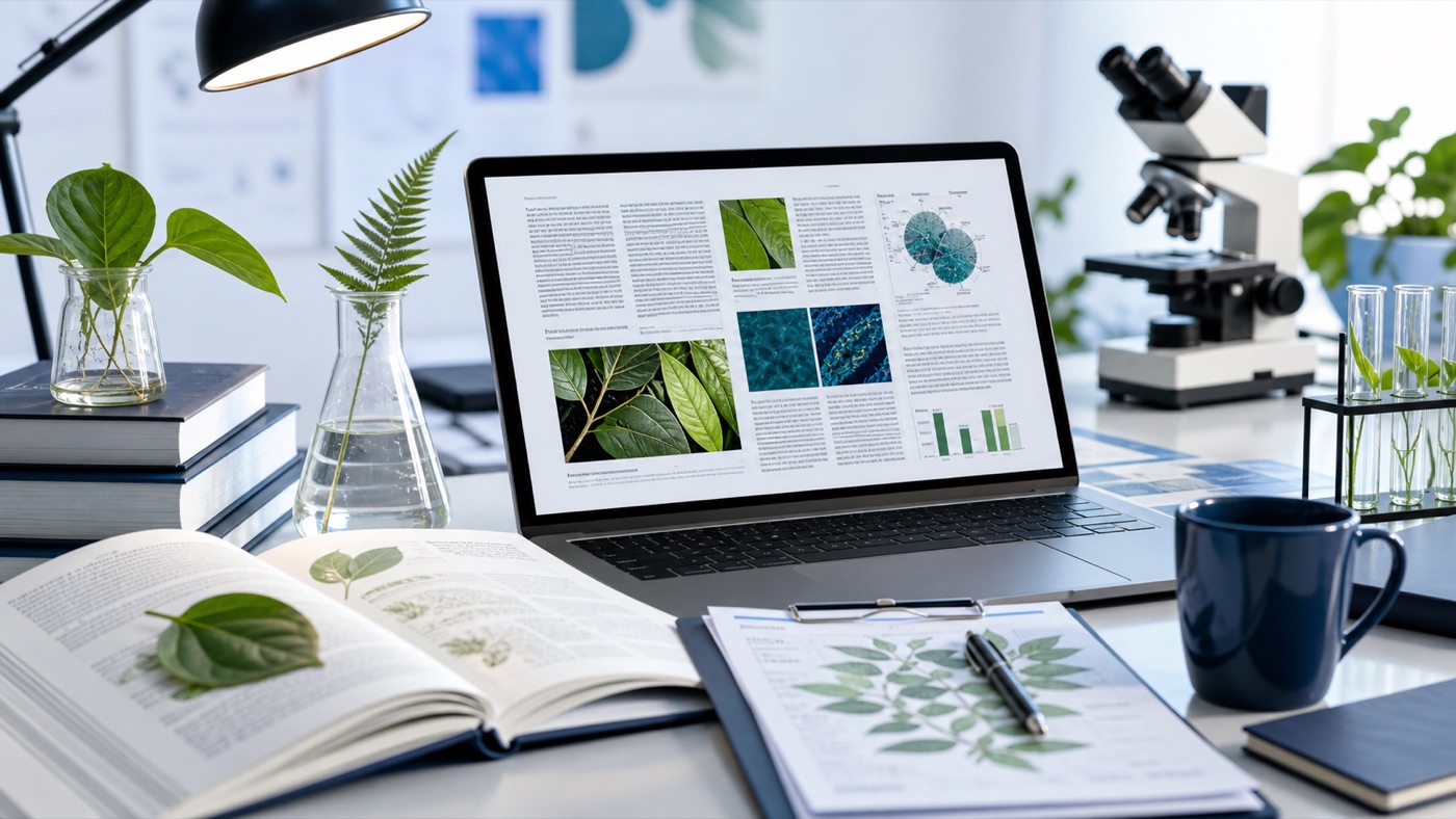 Plant science journal manuscript, research desk, and microscope